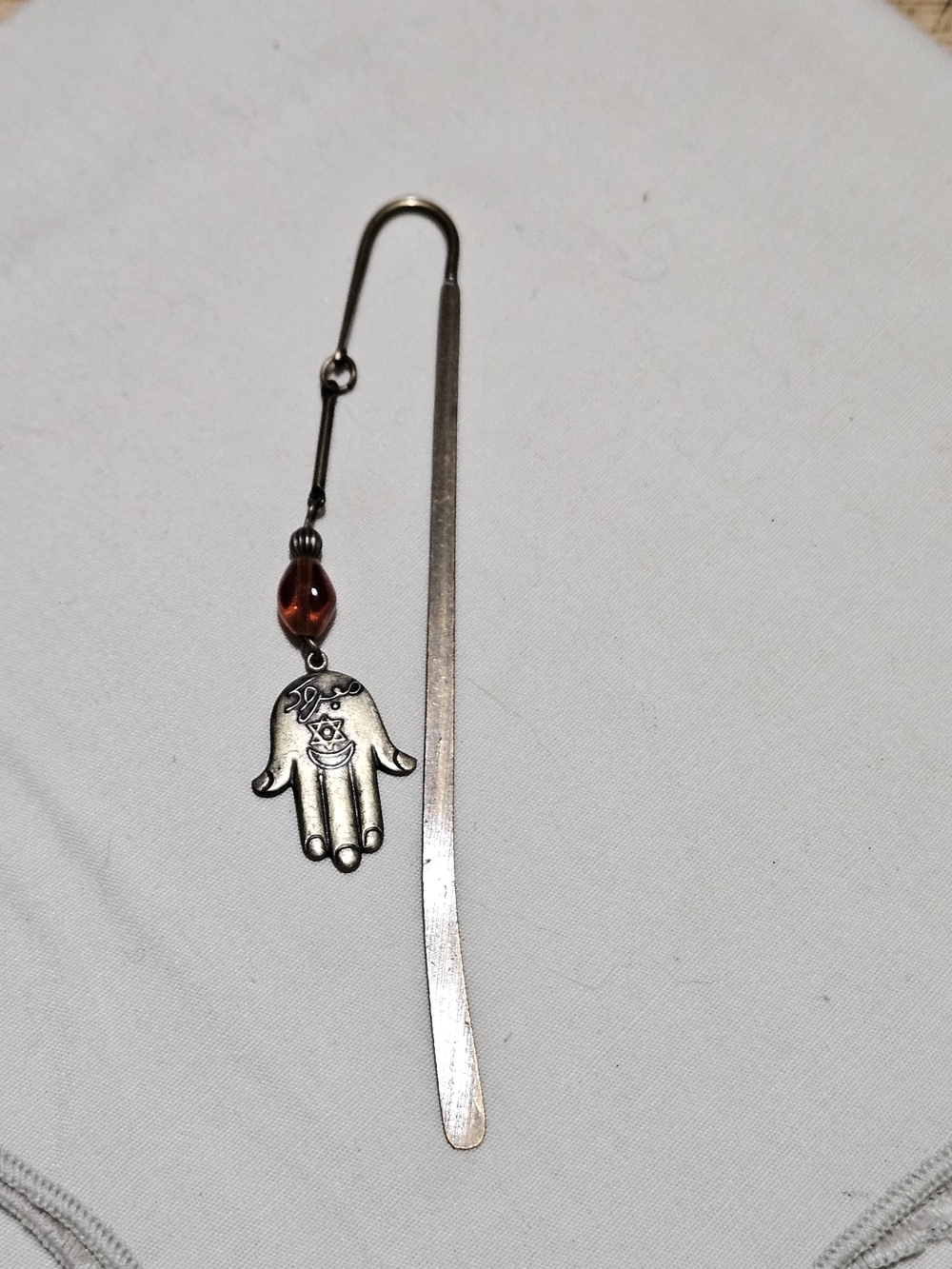 Silver Hand Charm Bookmark with Amber Bead